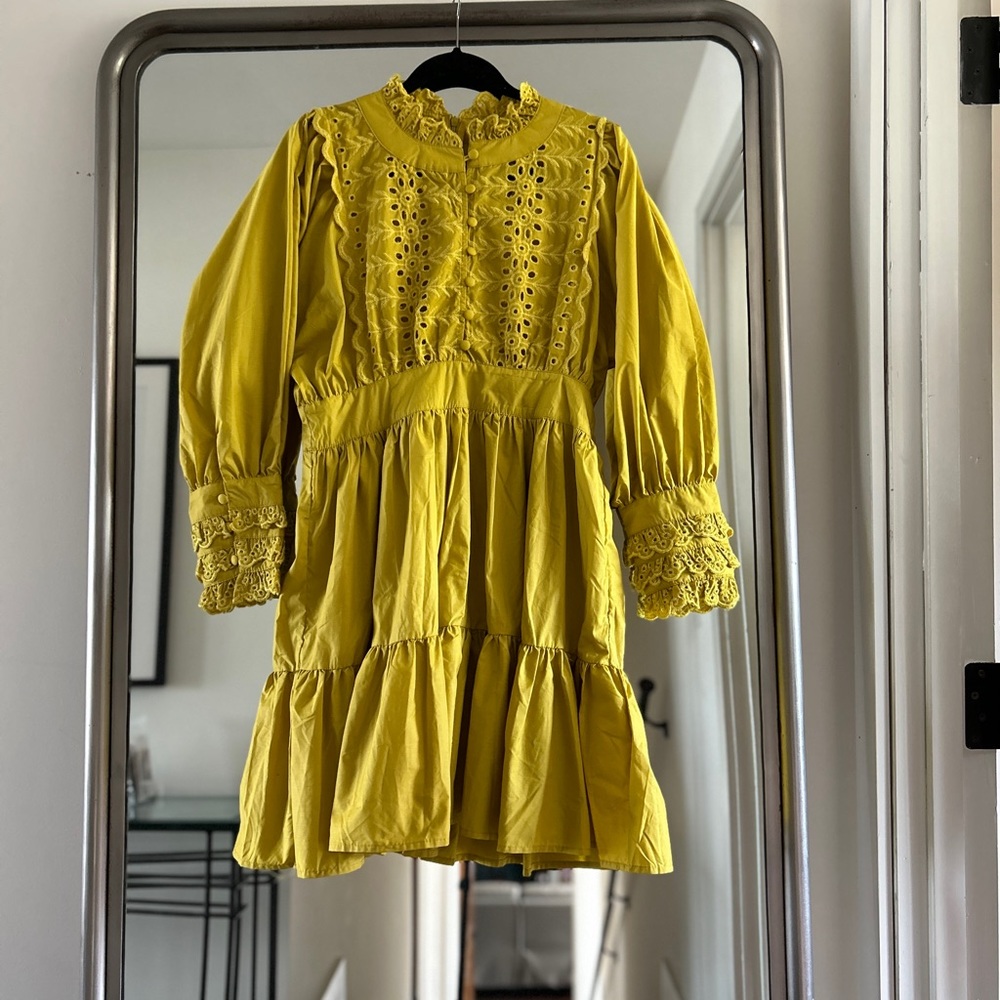 EMBROIDERED FLORAL EYELET FRILLING DRESS IN MUSTARD